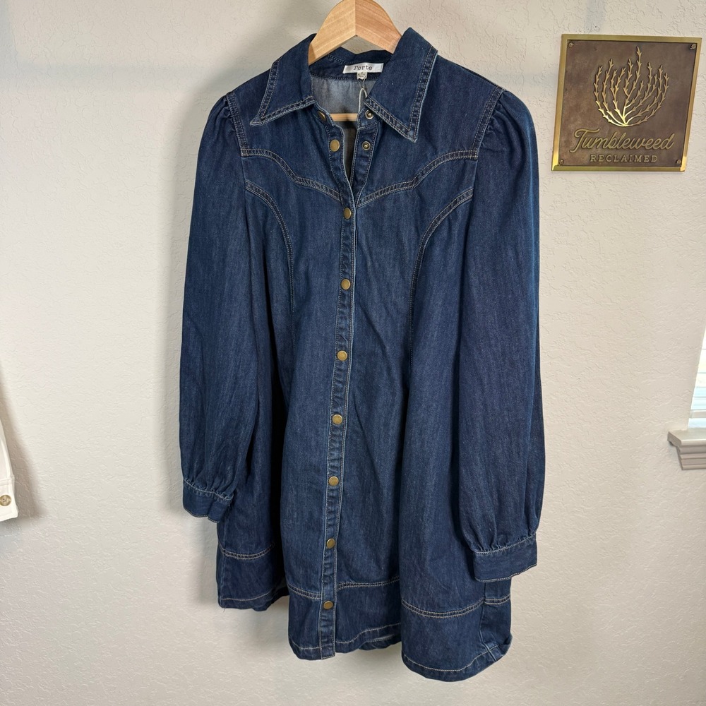 Forte Womens Denim Mini Dress Dark Wash Western Puff Sleeve Button Front Small